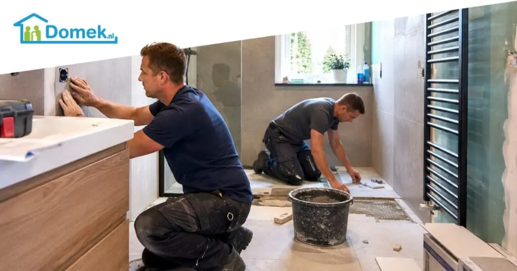 Bathroom renovation in progress in a typical Dutch home with two contractors installing modern bathroom elements