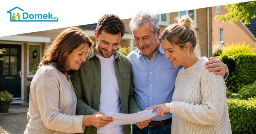 Family standing together in front of a house after buying property together in the Netherlands
