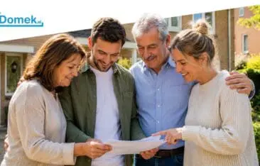 Family standing together in front of a house after buying property together in the Netherlands