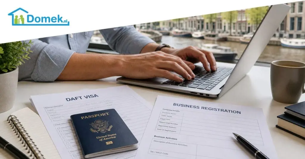 US passport and DAFT visa documents with business registration forms on a desk in the Netherlands