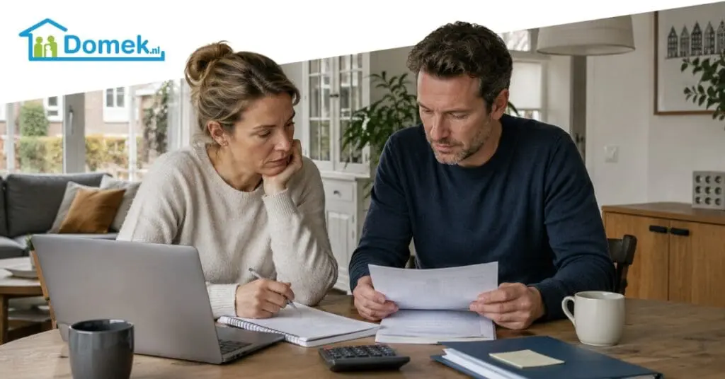 Middle-class couple in a typical Dutch home discussing housing and financial decisions after divorce or separation