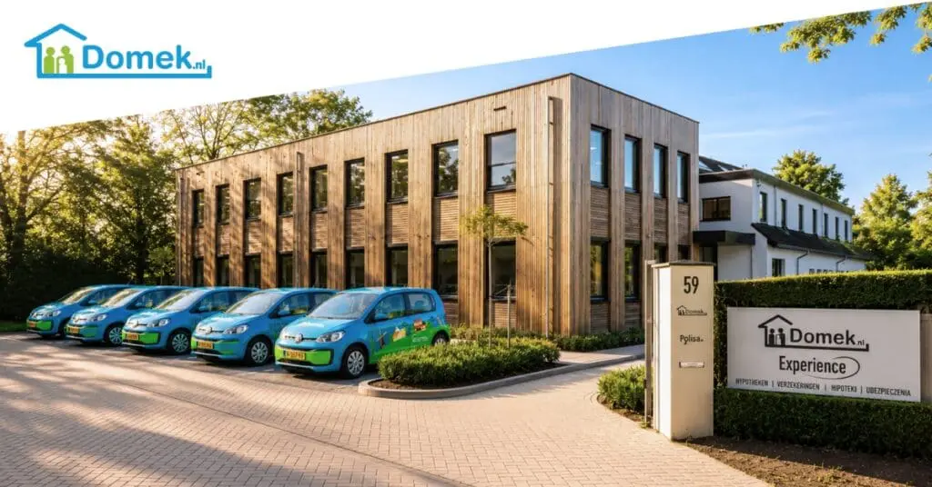 Domek.nl headquarters in the Netherlands with branded company cars parked outside the office building