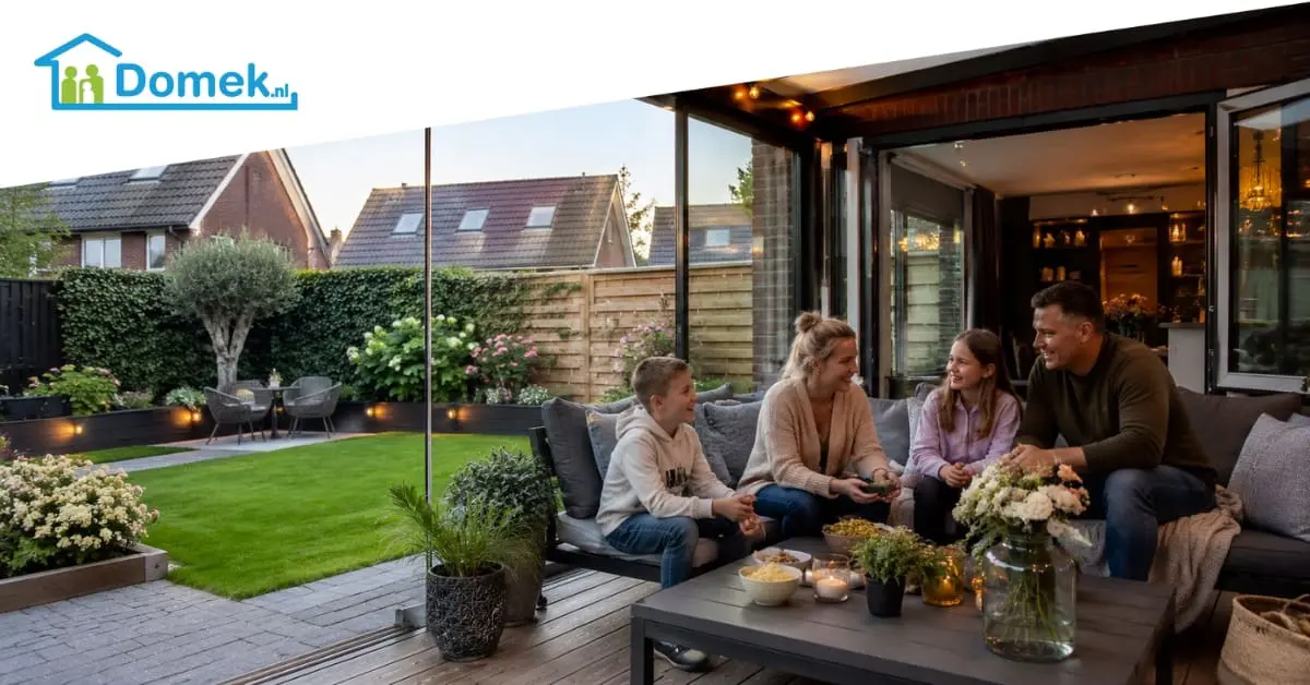 Family relaxing on a modern veranda next to a renovated garden and Dutch home