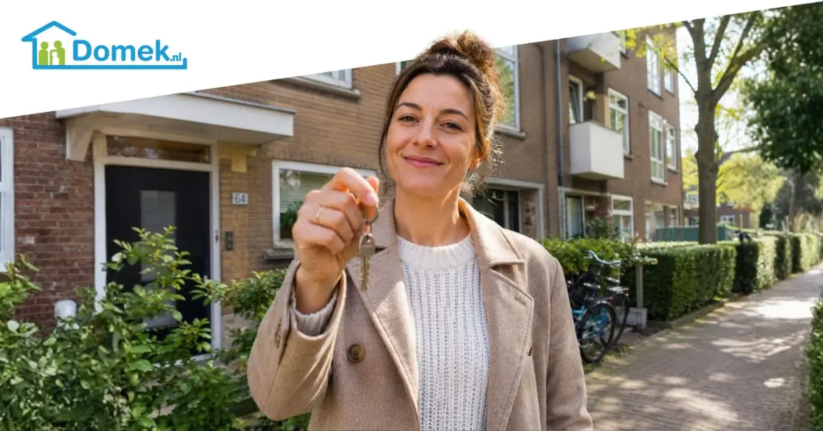 Woman holding keys in front of the apartment she rents in the Netherlands