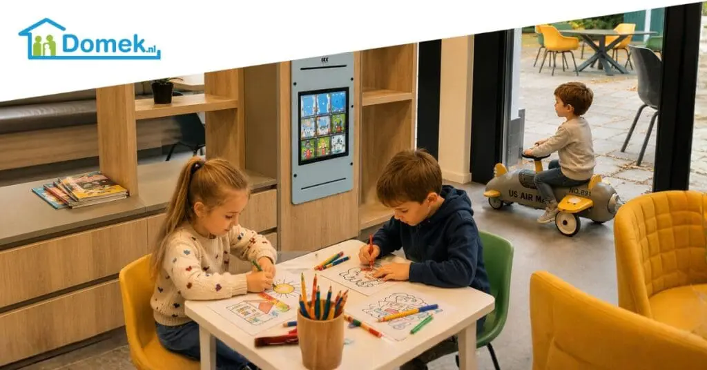 Children playing in a family-friendly mortgage office in the Netherlands with a dedicated play area and games corner