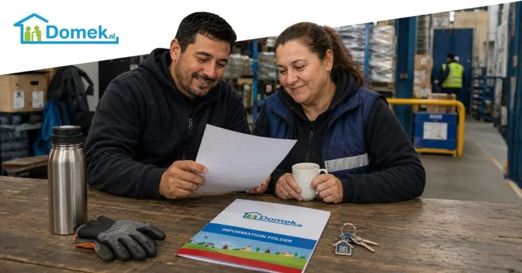 Two international warehouse workers in the Netherlands reviewing mortgage documents and home financing options after work