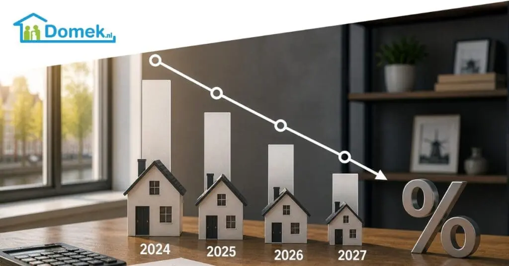 Declining mortgage borrowing capacity in the Netherlands from 2024 to 2027 illustrated with houses and a downward trend graph