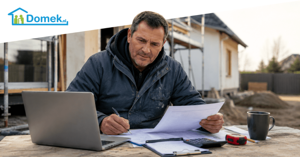 Self-employed construction worker reviewing financial documents and mortgage paperwork at a building site in the Netherlands