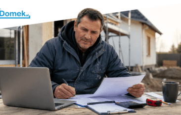 Self-employed construction worker reviewing financial documents and mortgage paperwork at a building site in the Netherlands
