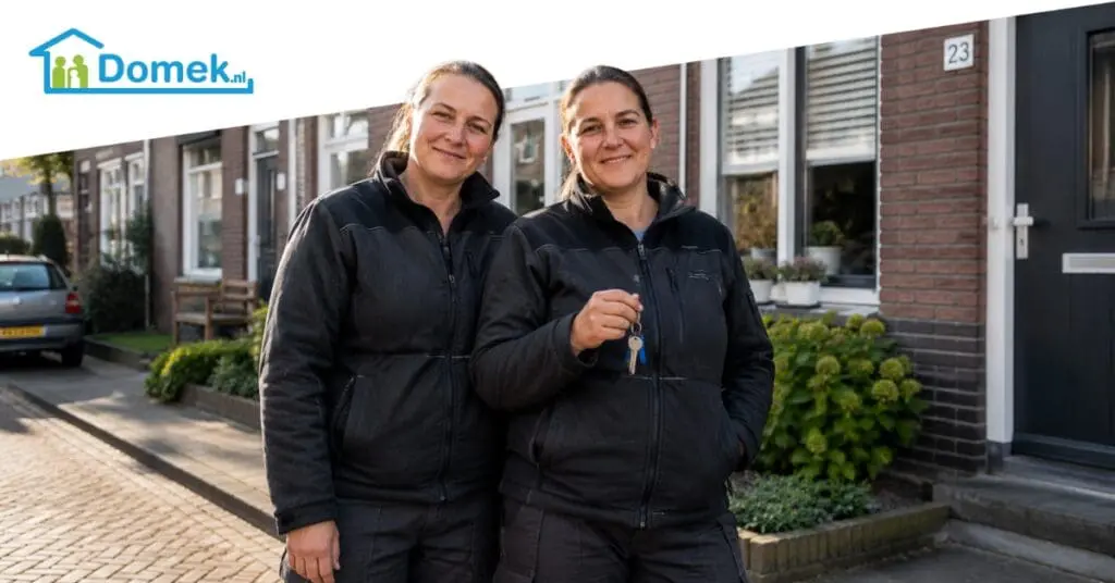 Two middle-aged women working through an employment agency standing in front of a Dutch home with mortgage documents in the Netherlands
