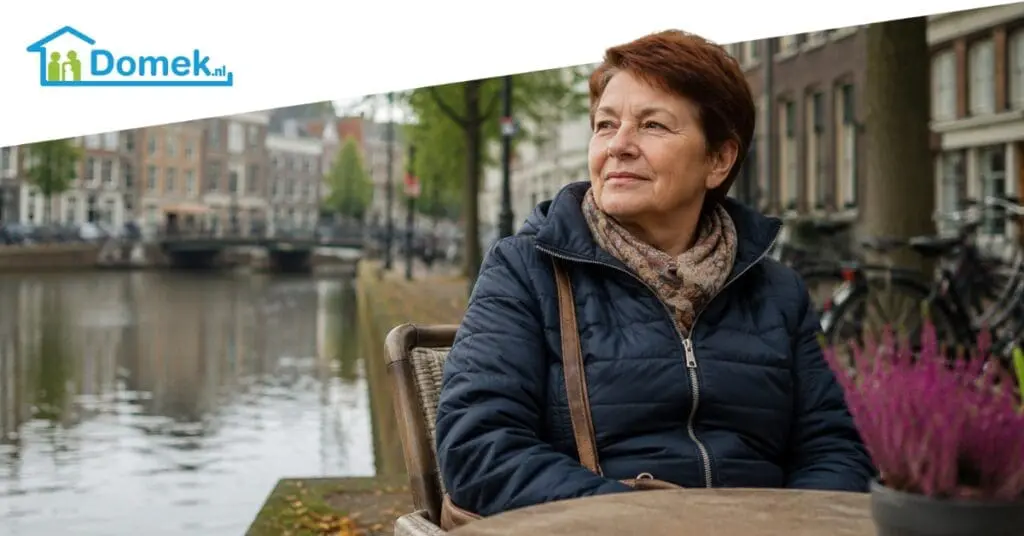 Older woman living in the Netherlands thinking about retirement and financial stability by a Dutch canal