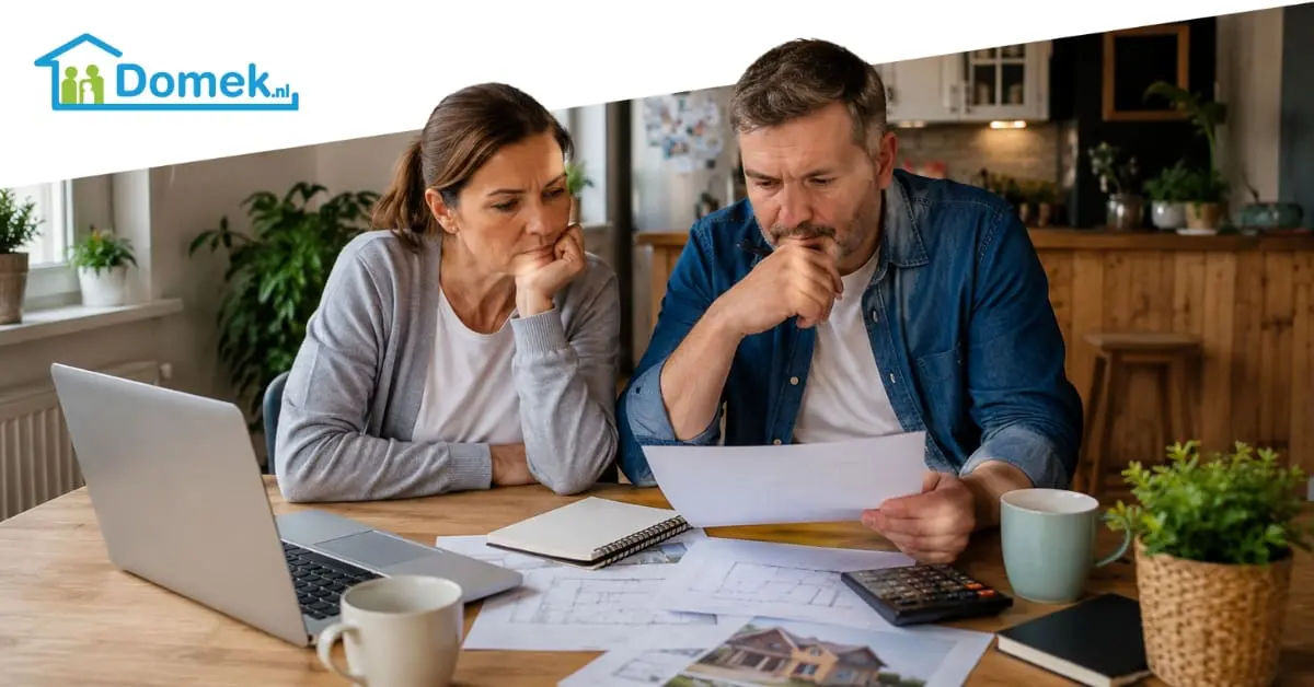 A middle-aged couple reviewing house documents and renovation plans at a table, considering whether to sell or renovate their home in the Netherlands