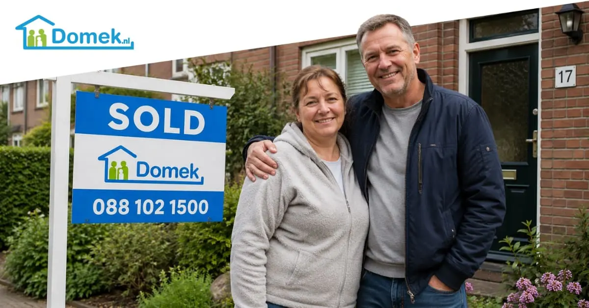 Happy couple standing in front of a sold house in the Netherlands with a Domek sold sign