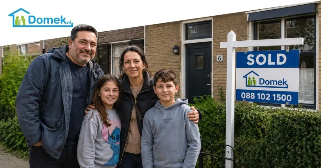 Family standing in front of a sold Dutch house with a Domek SOLD sign