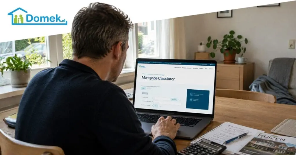 Middle-aged man in a typical Dutch home using a mortgage calculator online to check borrowing capacity