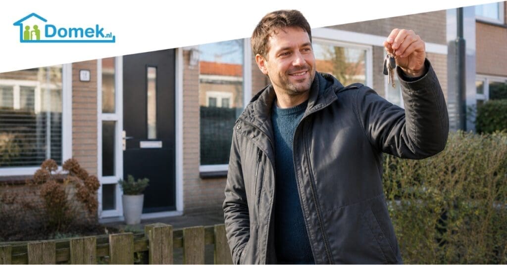 Man holding house keys in front of his new home in the Netherlands after buying property