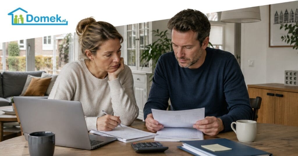 Middle-class couple in a typical Dutch home discussing housing and financial decisions after divorce or separation