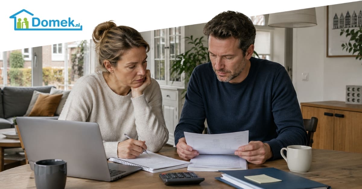 Middle-class couple in a typical Dutch home discussing housing and financial decisions after divorce or separation