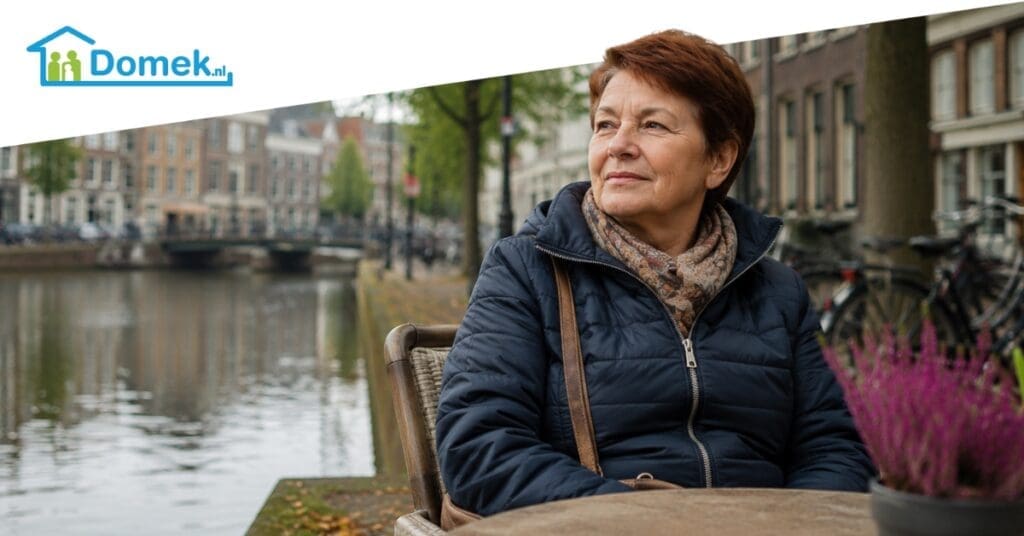 Older woman living in the Netherlands thinking about retirement and financial stability by a Dutch canal