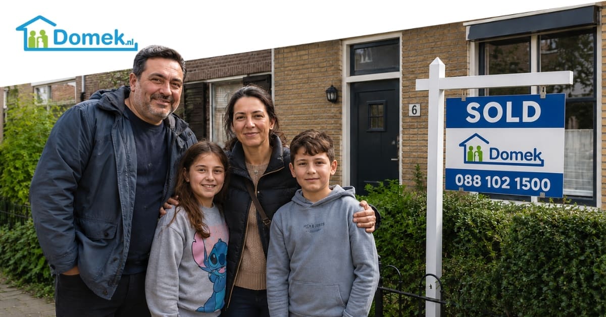 Family standing in front of a sold Dutch house with a Domek SOLD sign